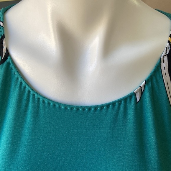 Tahari Sleeveless Teal Floral Art Deco Midi Dress Stretchy Retro Plus Size - Picture 3 of 10